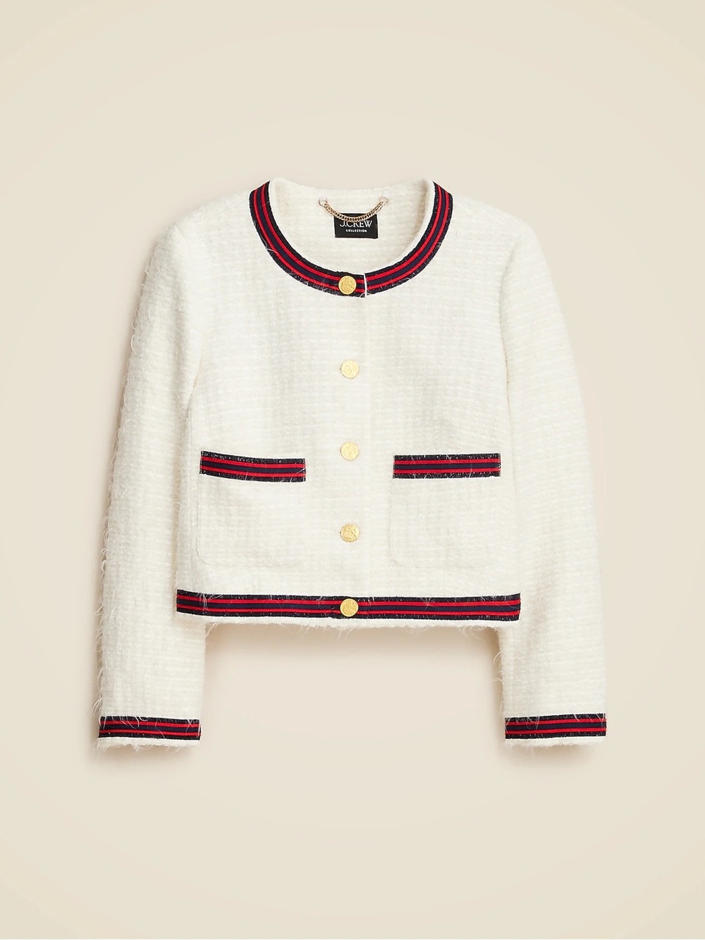 NWOT J. Crew 00 White Wool Blend Tweed Cropped Jacket with Red-Trim Accents